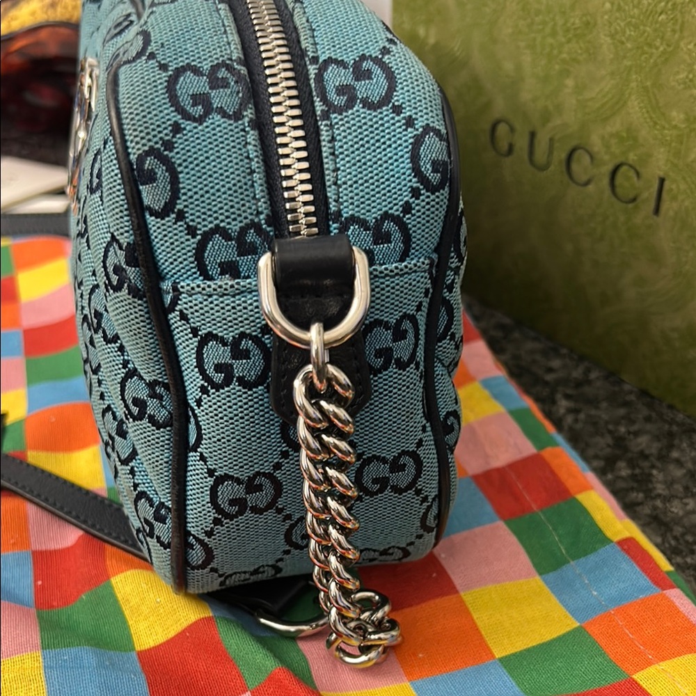 Blue GG Diagonal Quilted Canvas Marmont Camera Bag - Picture 2 of 7